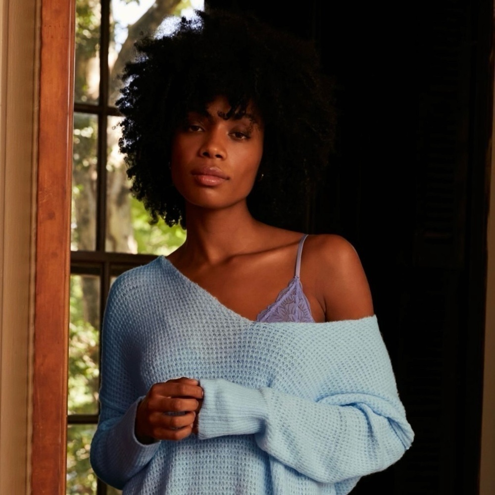 Free People Cozy Pullover Women Sweater Tunic Light Blue Oversized Split Hems - Picture 4 of 13